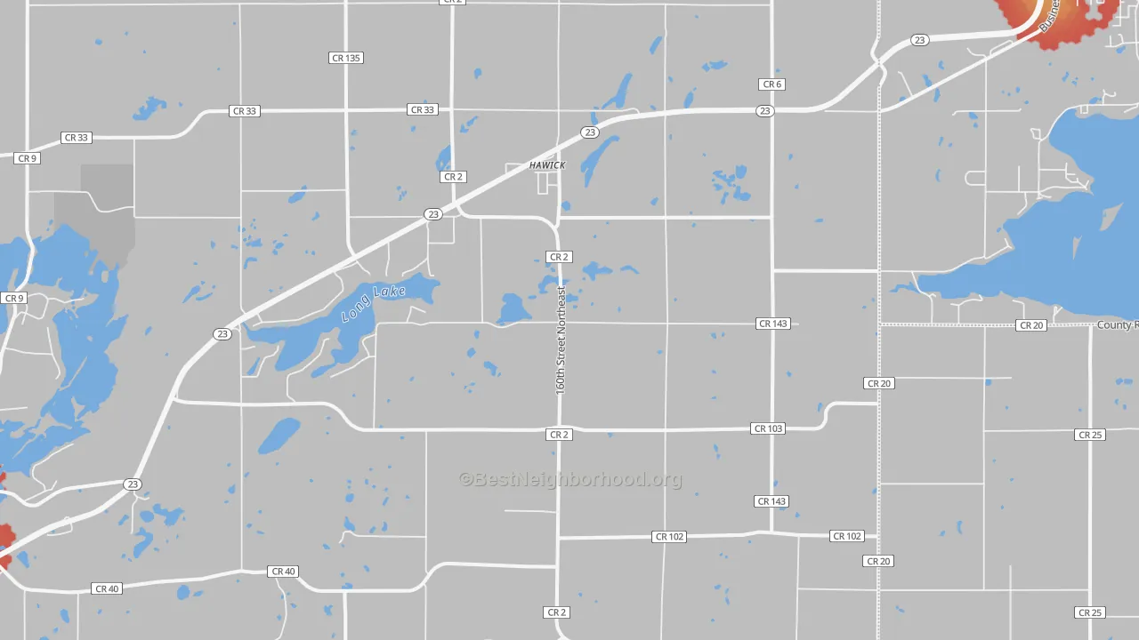 Walk Grade map of Hawick, MN, walkable areas in green and car-dependent areas in red