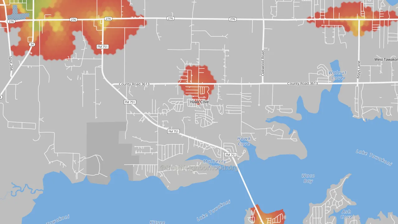 Walk Grade map of Hawk Cove, TX, walkable areas in green and car-dependent areas in red