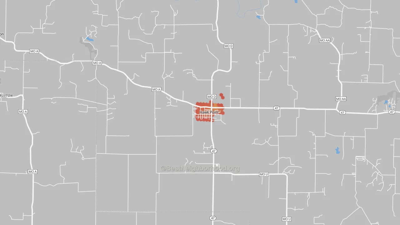 Walk Grade map of Hawk Point, MO, walkable areas in green and car-dependent areas in red