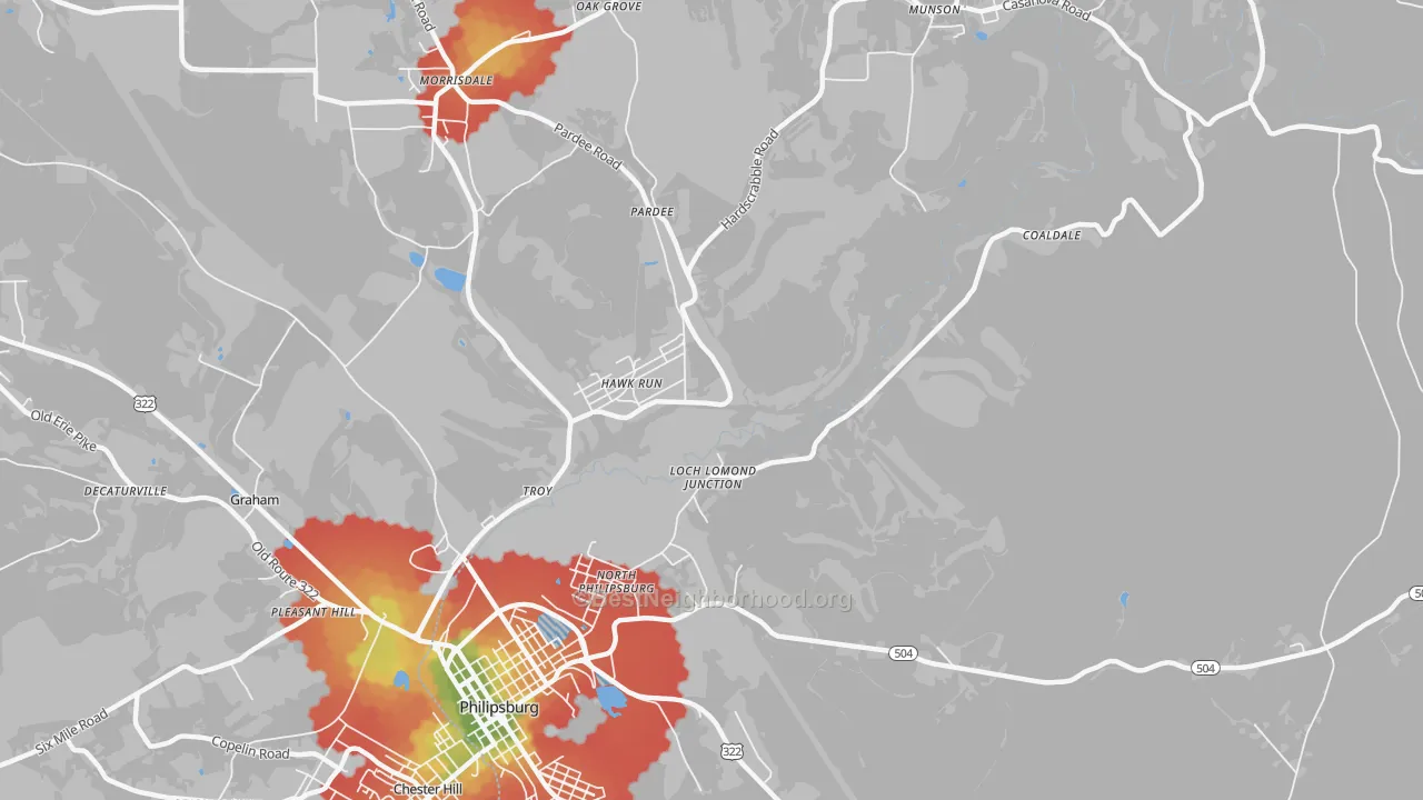 Walk Grade map of Hawk Run, PA, walkable areas in green and car-dependent areas in red
