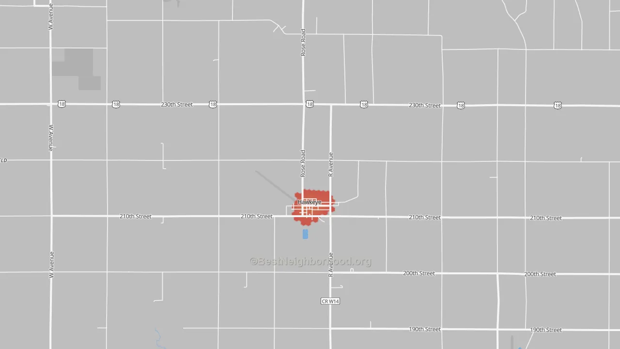 Walk Grade map of Hawkeye, IA, walkable areas in green and car-dependent areas in red