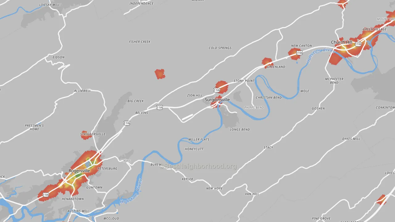 Walk Grade map of Hawkins County, TN, walkable areas in green and car-dependent areas in red