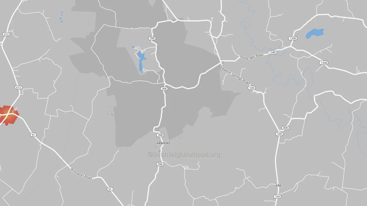Walk Grade map of Hawkins, KY, walkable areas in green and car-dependent areas in red