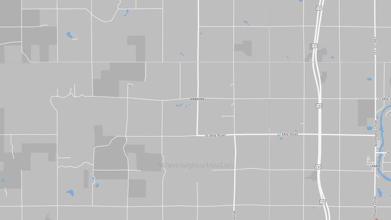 Walk Grade map of Hawkins, MI, walkable areas in green and car-dependent areas in red