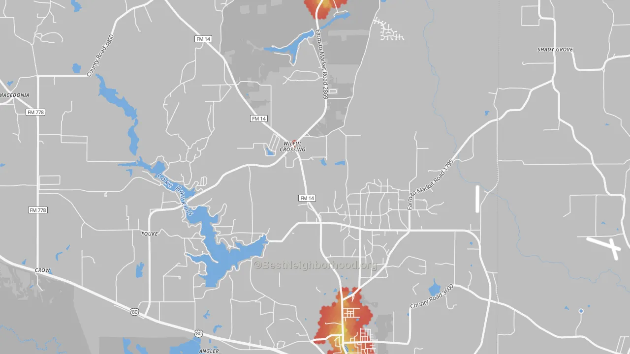 Walk Grade map of Hawkins, TX, walkable areas in green and car-dependent areas in red