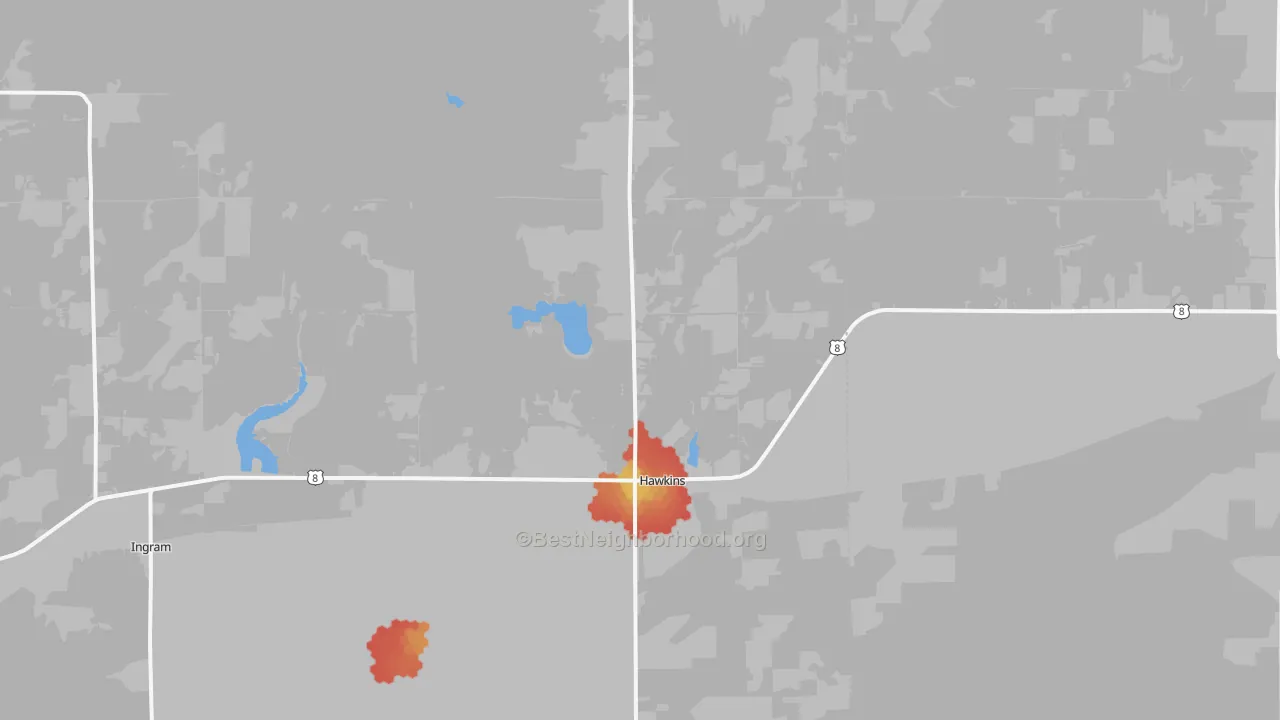 Walk Grade map of Hawkins, WI, walkable areas in green and car-dependent areas in red