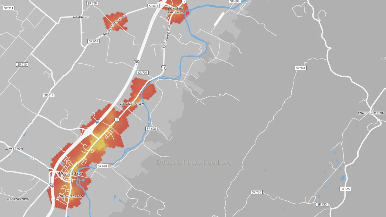Walk Grade map of Hawkinstown, VA, walkable areas in green and car-dependent areas in red
