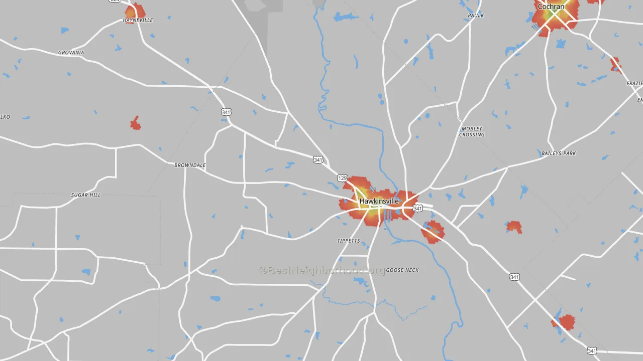 Walk Grade map of Hawkinsville, GA, walkable areas in green and car-dependent areas in red