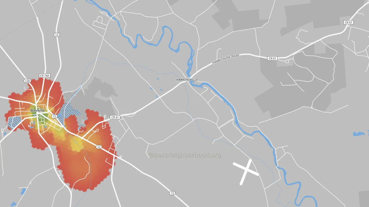 Walk Grade map of Hawkinsville, NY, walkable areas in green and car-dependent areas in red