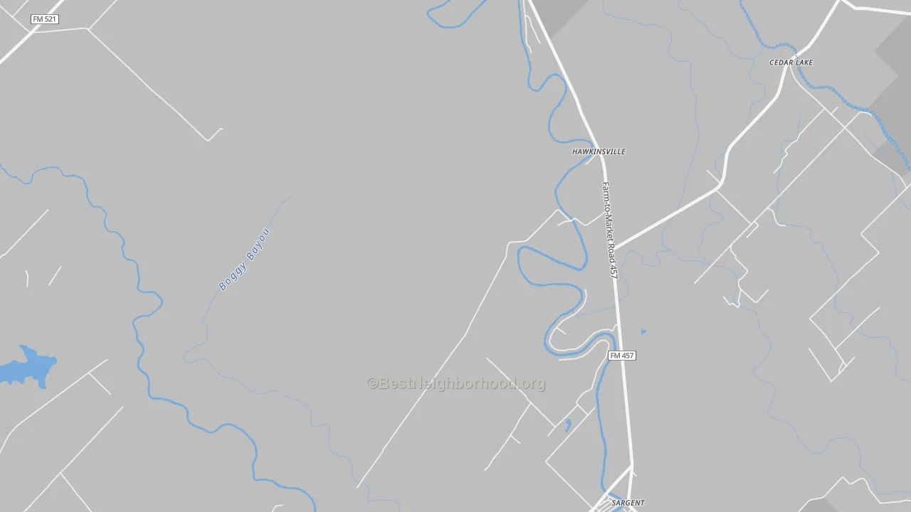 Walk Grade map of Hawkinsville, TX, walkable areas in green and car-dependent areas in red