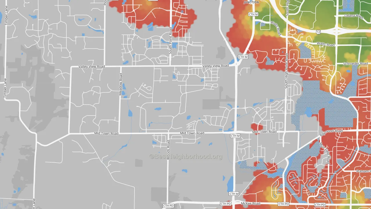 Walk Grade map of Hawk's Landing, Verona, WI, walkable areas in green and car-dependent areas in red