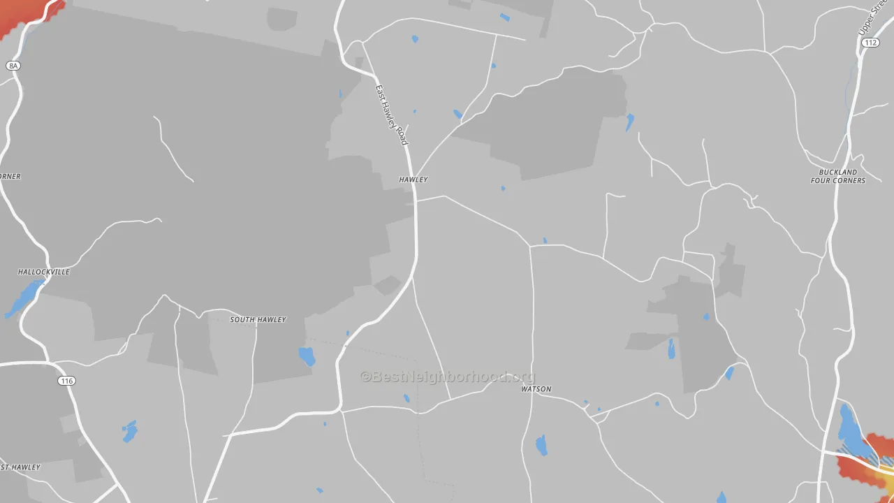 Walk Grade map of Hawley, MA, walkable areas in green and car-dependent areas in red