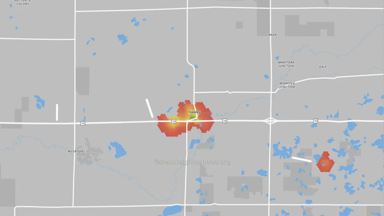 Walk Grade map of Hawley, MN, walkable areas in green and car-dependent areas in red