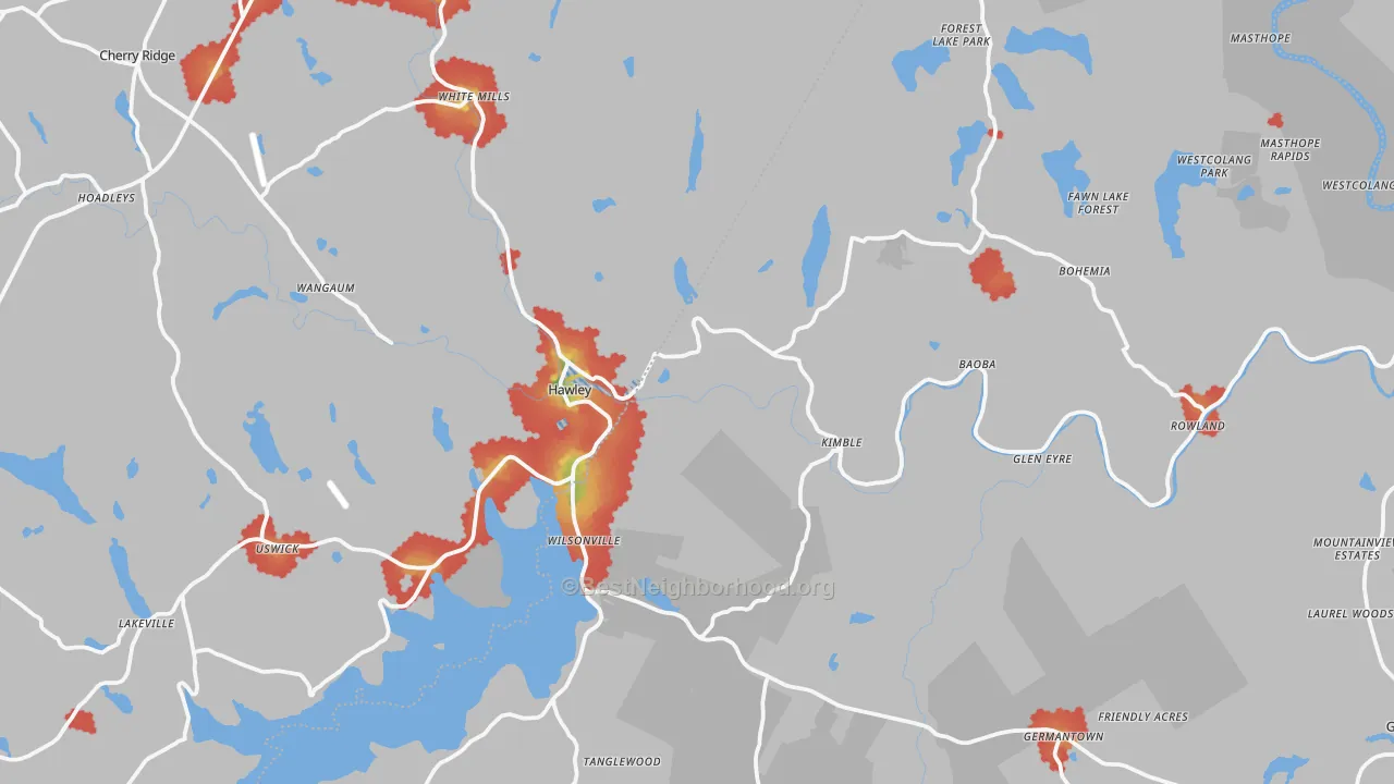 Walk Grade map of Hawley, PA, walkable areas in green and car-dependent areas in red