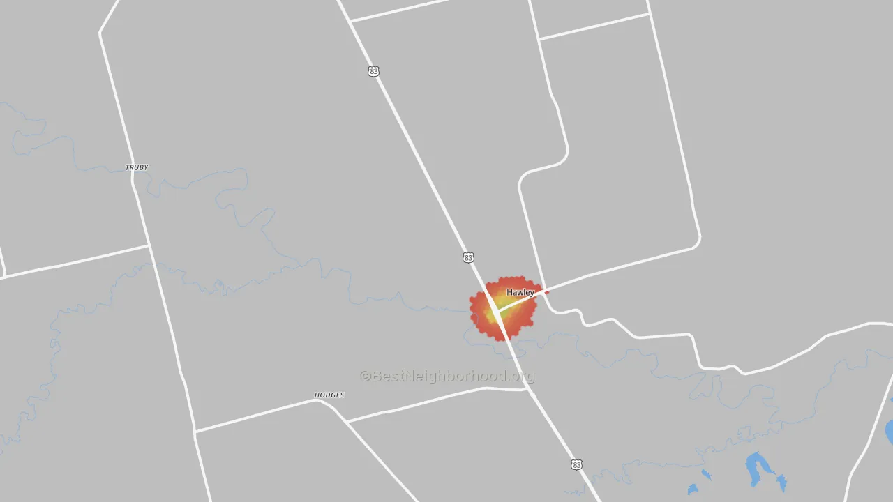 Walk Grade map of Hawley, TX, walkable areas in green and car-dependent areas in red