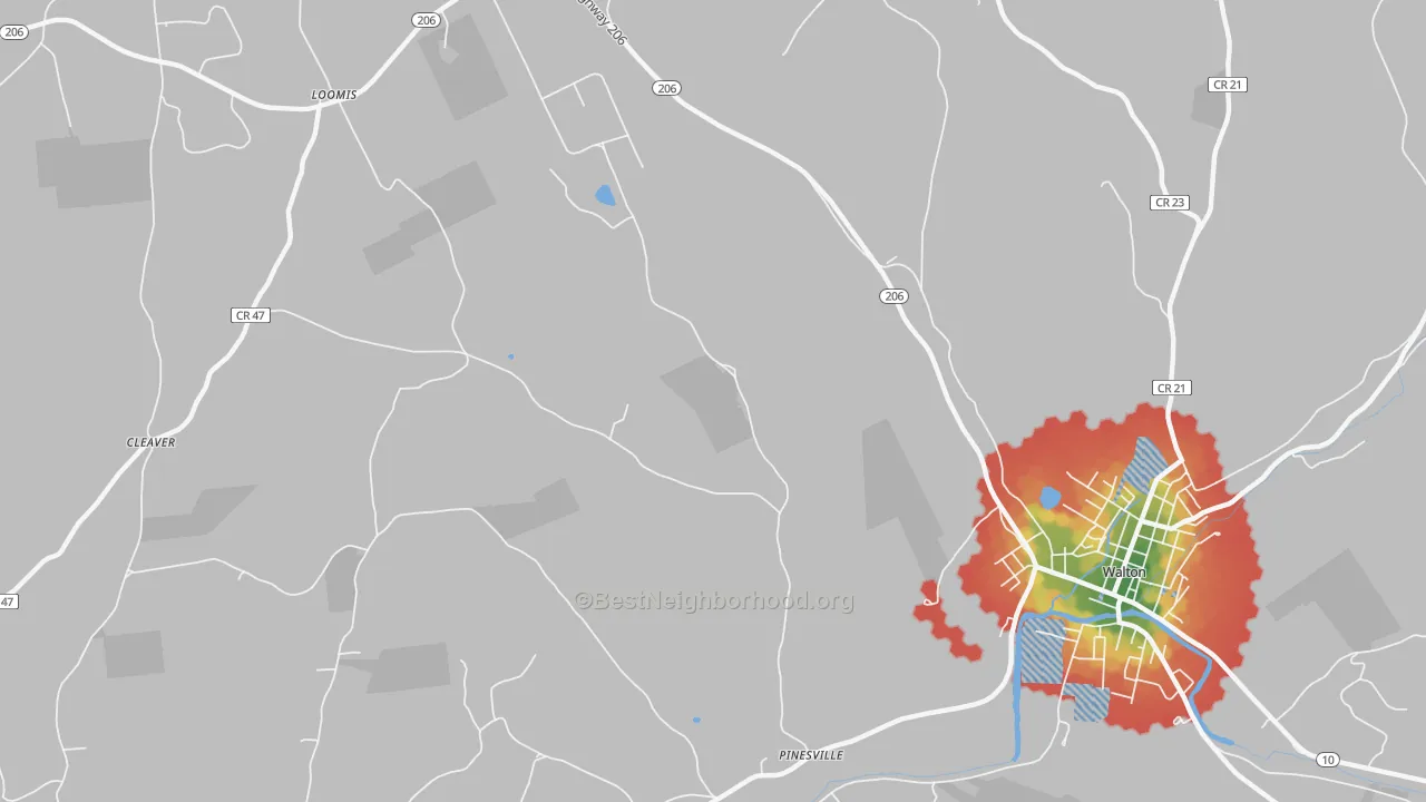 Walk Grade map of Hawleys, NY, walkable areas in green and car-dependent areas in red