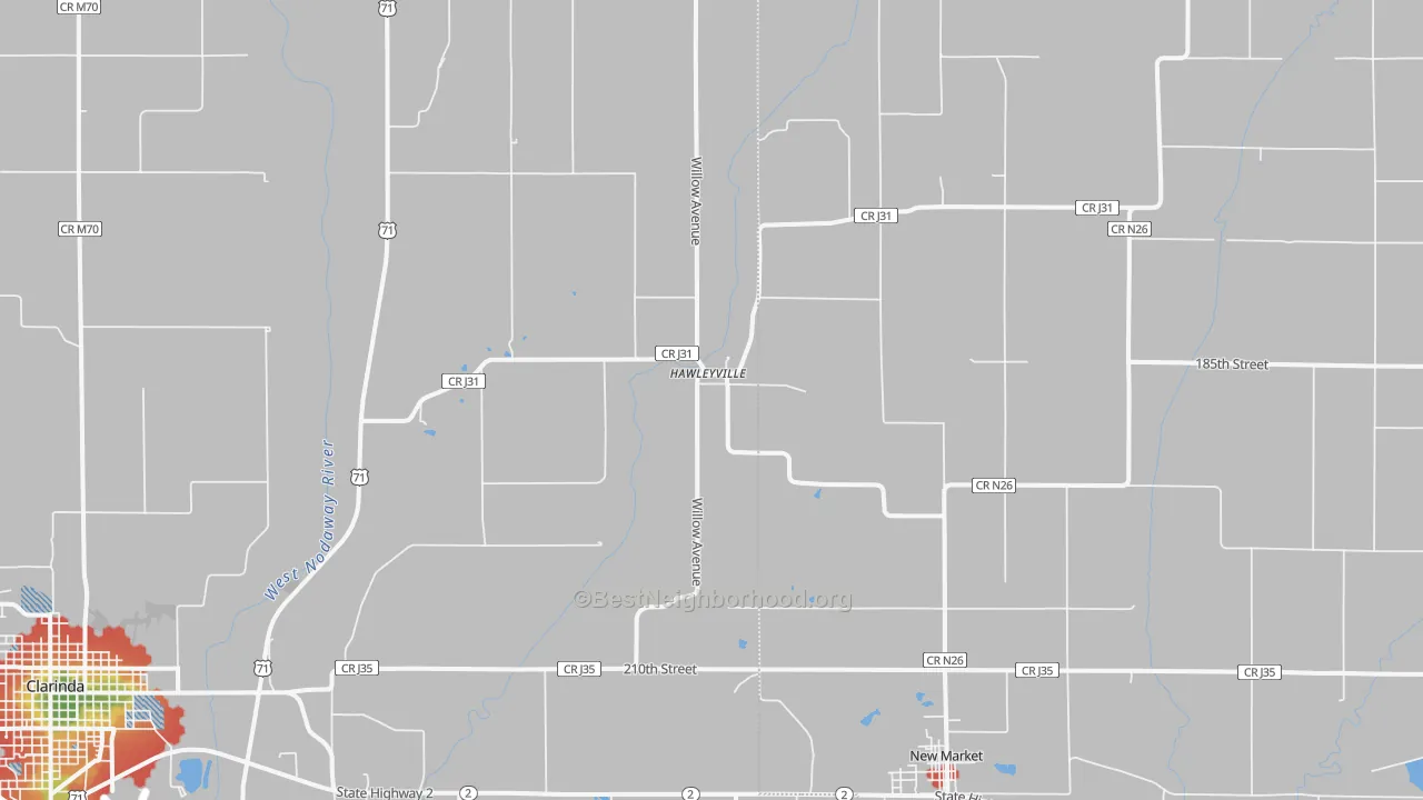 Walk Grade map of Hawleyville, IA, walkable areas in green and car-dependent areas in red