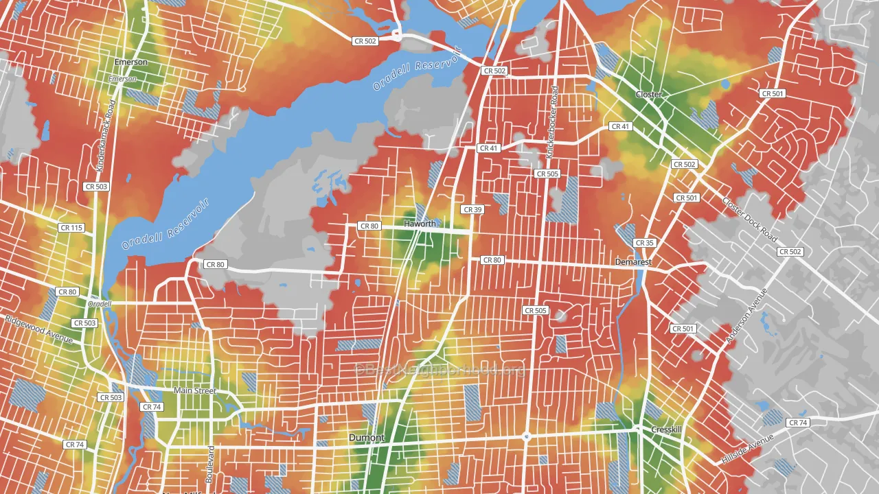 Walk Grade map of Haworth, NJ, walkable areas in green and car-dependent areas in red