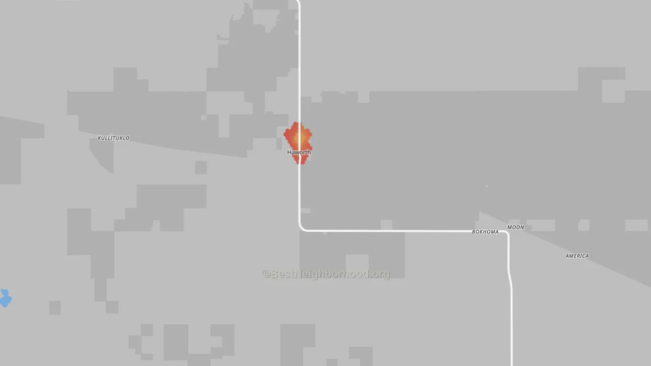 Walk Grade map of Haworth, OK, walkable areas in green and car-dependent areas in red