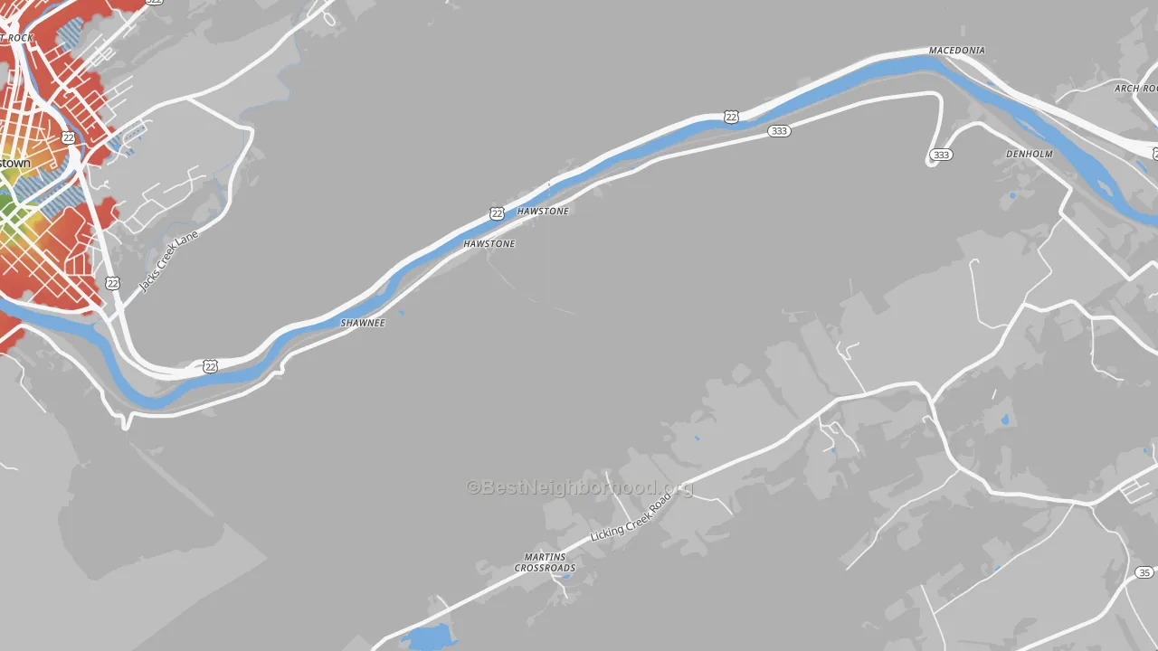 Walk Grade map of Hawstone, PA, walkable areas in green and car-dependent areas in red