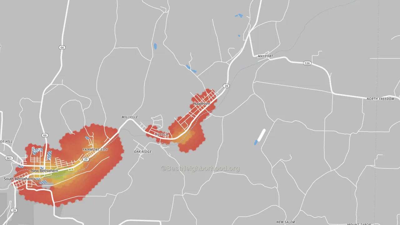 Walk Grade map of Hawthorn, PA, walkable areas in green and car-dependent areas in red