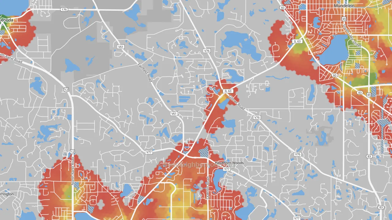 Walk Grade map of Hawthorn Woods, IL, walkable areas in green and car-dependent areas in red