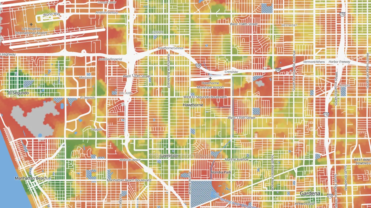 Walk Grade map of Hawthorne, CA, walkable areas in green and car-dependent areas in red