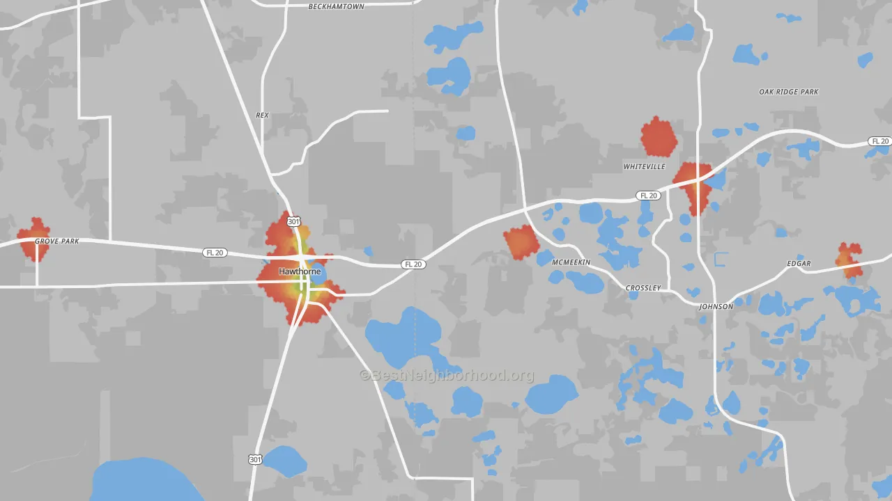 Walk Grade map of Hawthorne, FL, walkable areas in green and car-dependent areas in red