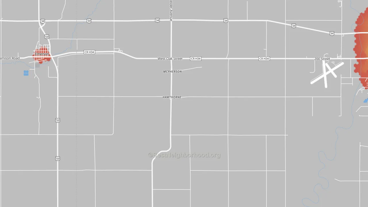 Walk Grade map of Hawthorne, IA, walkable areas in green and car-dependent areas in red