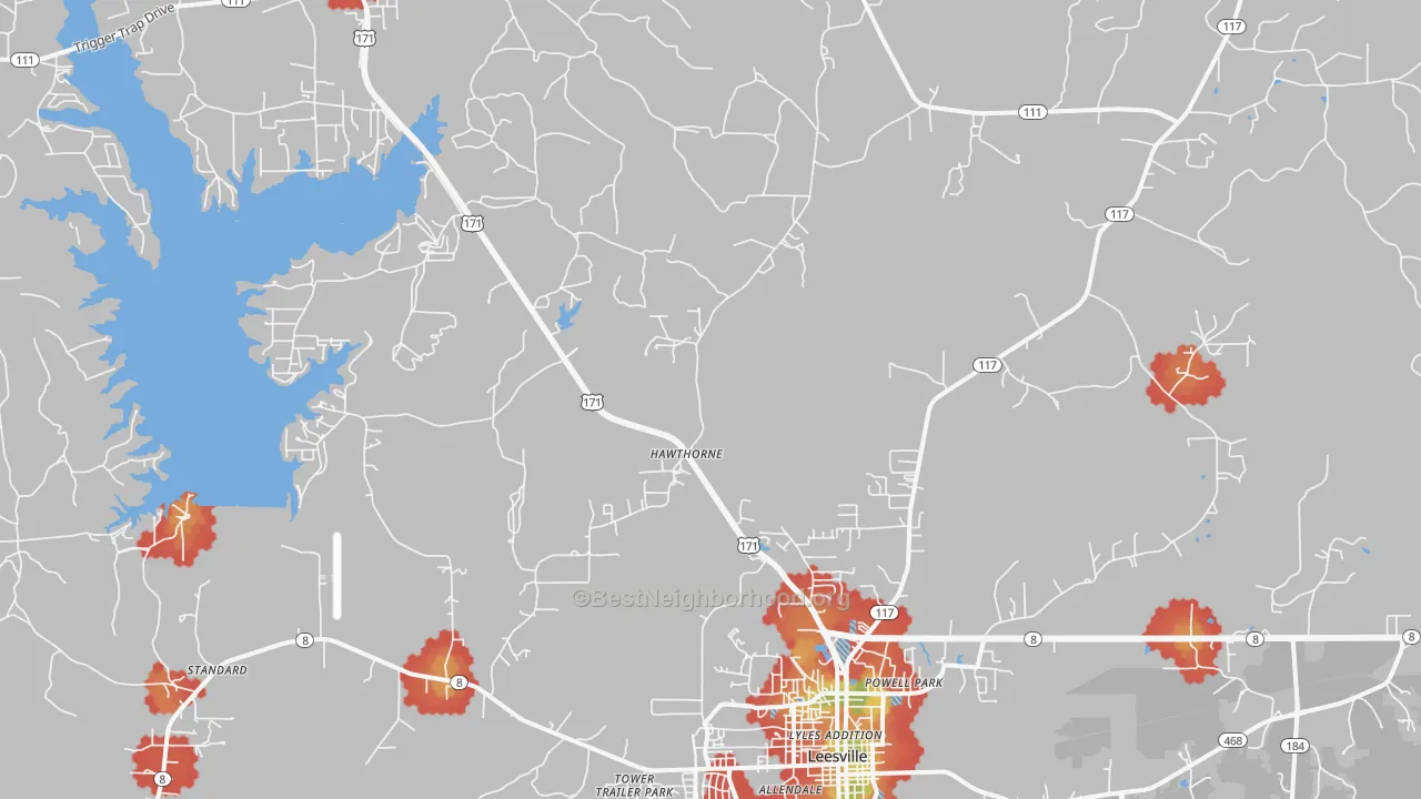 Walk Grade map of Hawthorne, LA, walkable areas in green and car-dependent areas in red