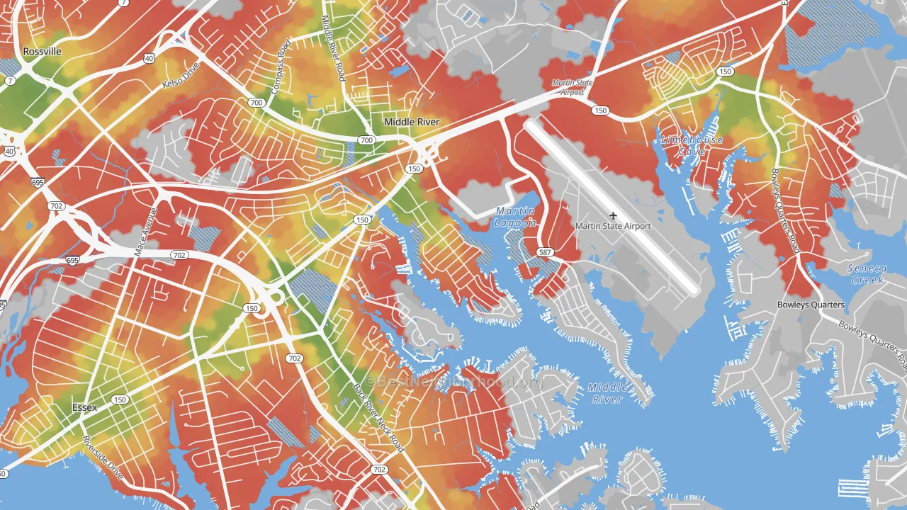 Walk Grade map of Hawthorne, Middle River, MD, walkable areas in green and car-dependent areas in red