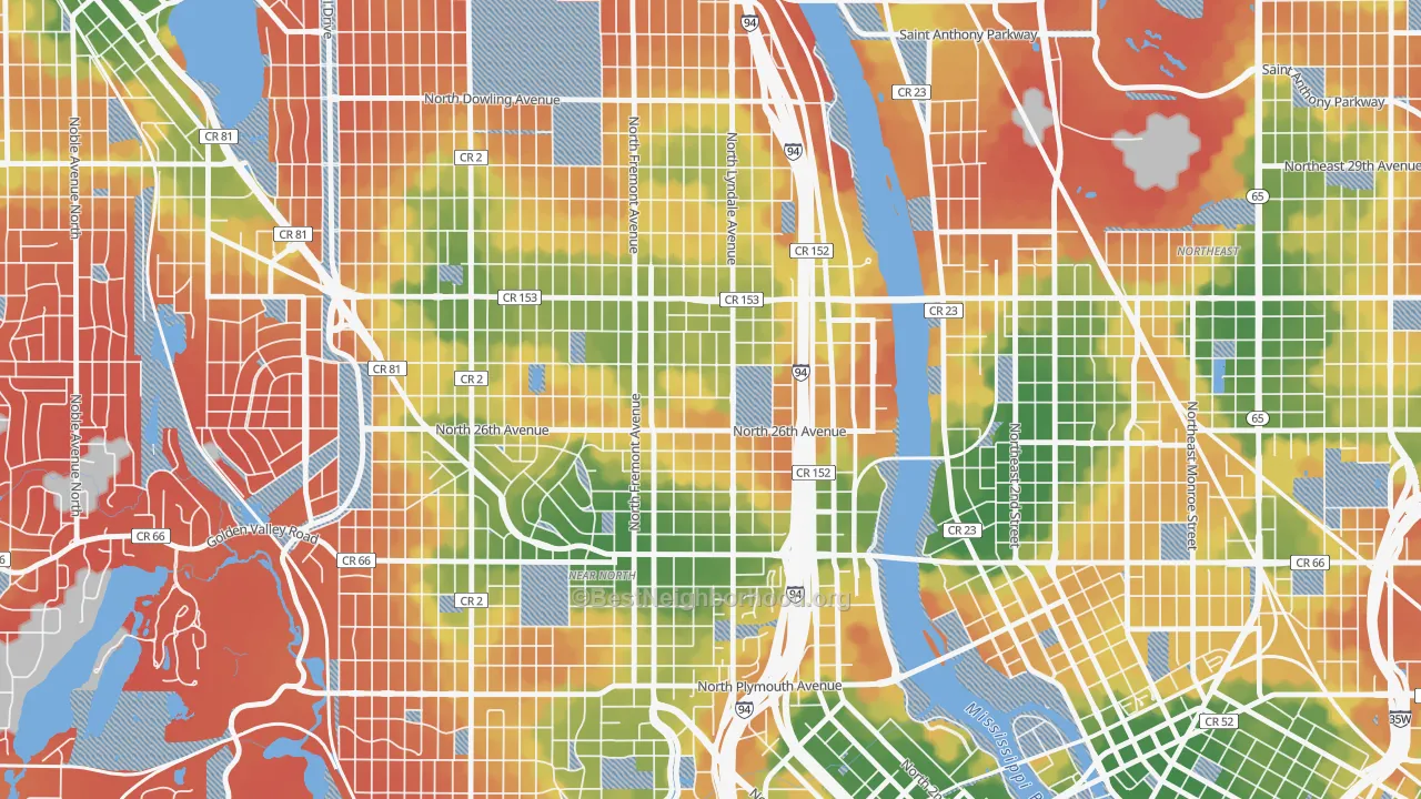 Walk Grade map of Hawthorne, Minneapolis, MN, walkable areas in green and car-dependent areas in red