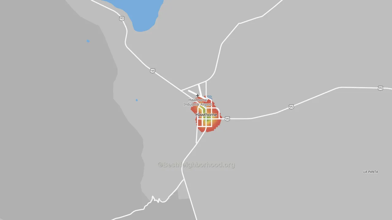 Walk Grade map of Hawthorne, NV, walkable areas in green and car-dependent areas in red