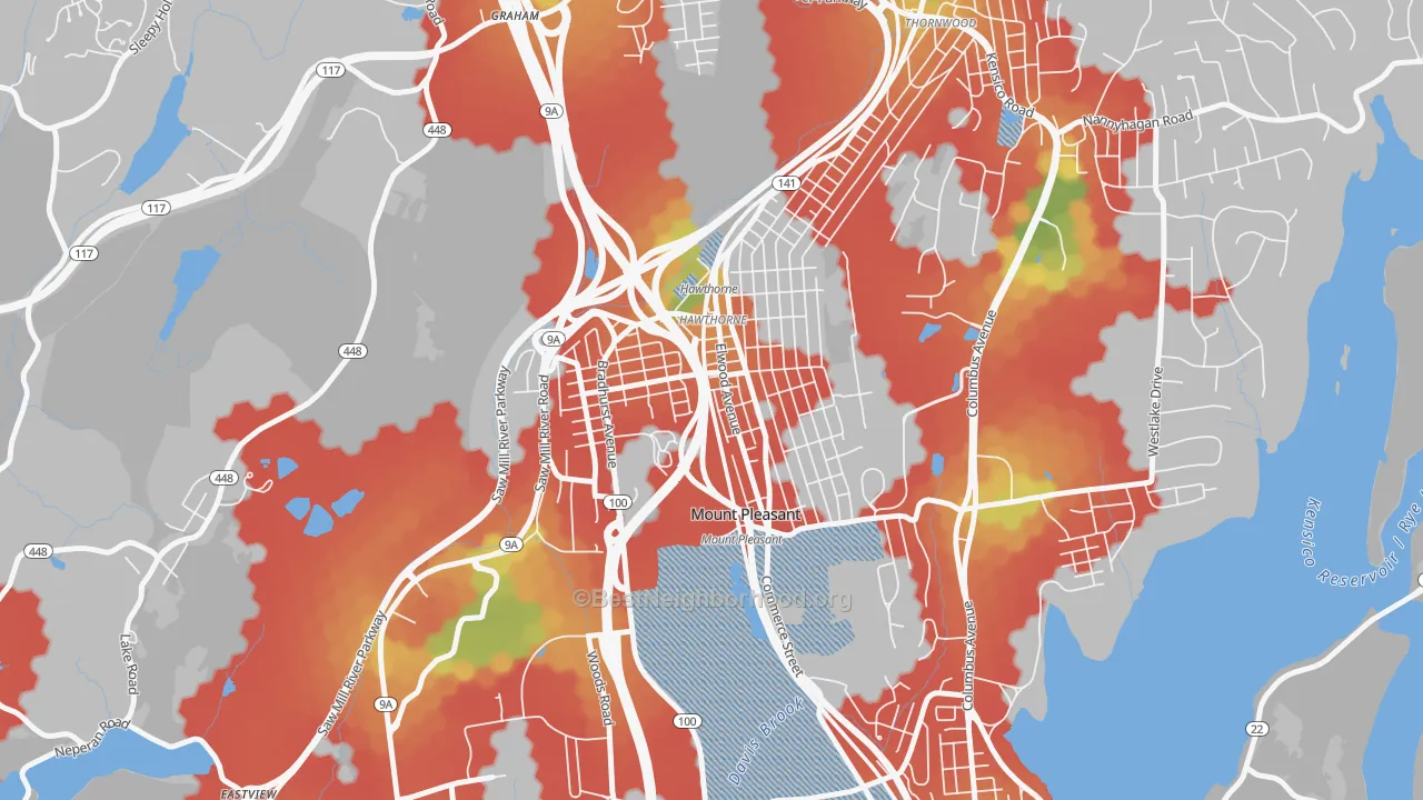 Walk Grade map of Hawthorne, NY, walkable areas in green and car-dependent areas in red