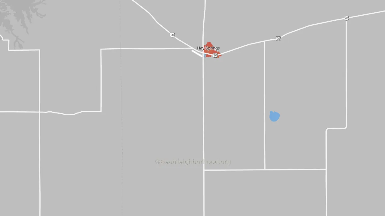 Walk Grade map of Hay Springs, NE, walkable areas in green and car-dependent areas in red
