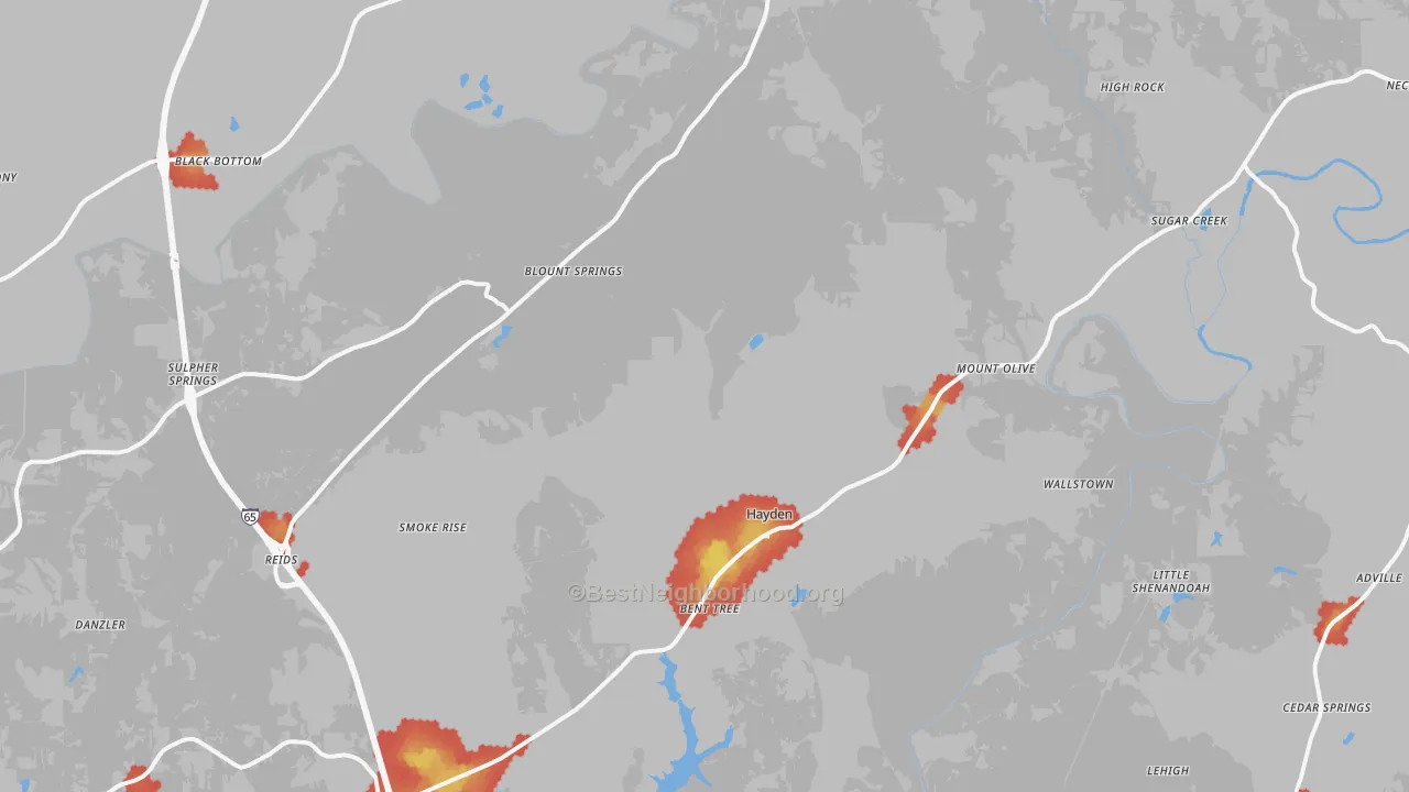 Walk Grade map of Hayden, AL, walkable areas in green and car-dependent areas in red