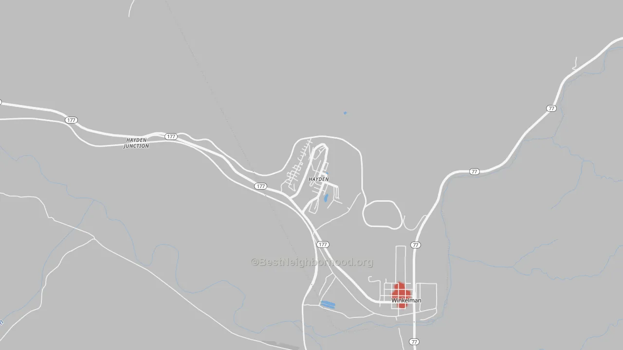 Walk Grade map of Hayden, AZ, walkable areas in green and car-dependent areas in red