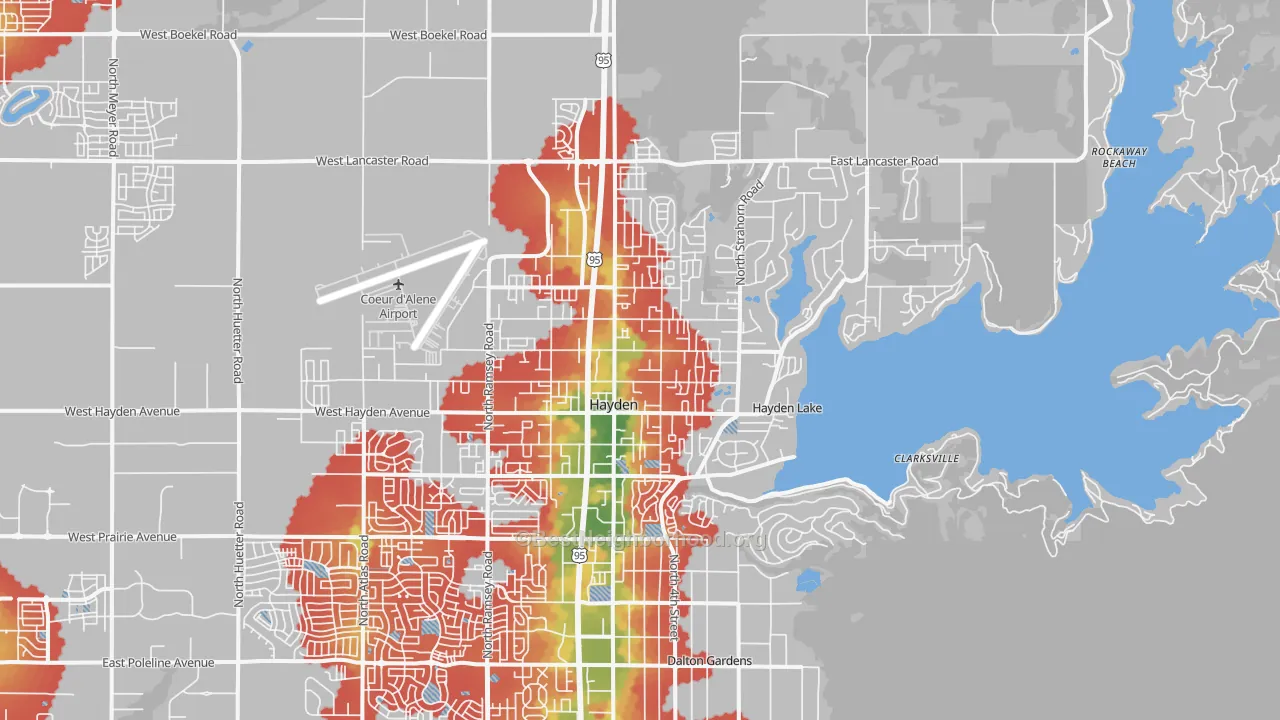 Walk Grade map of Hayden, ID, walkable areas in green and car-dependent areas in red
