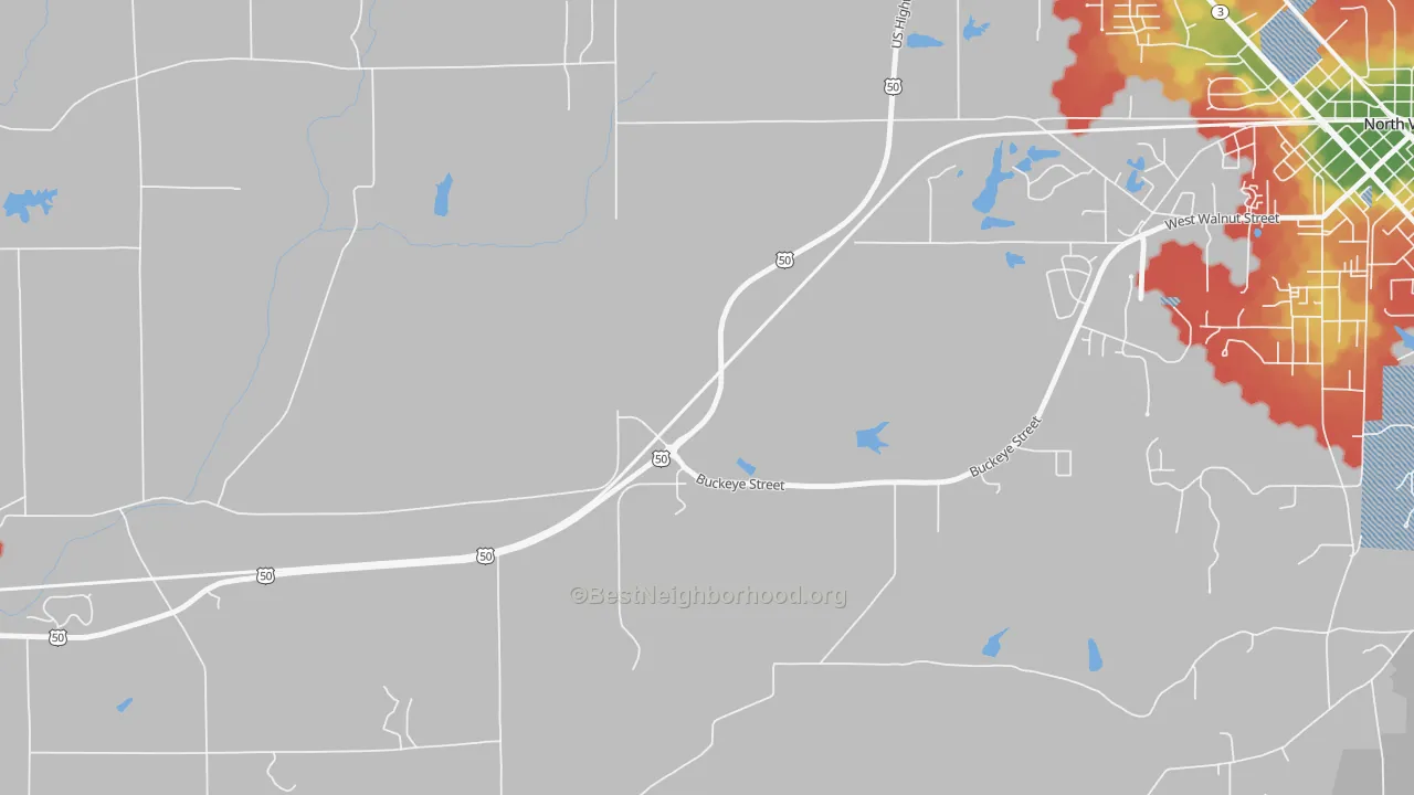 Walk Grade map of Hayden, IN, walkable areas in green and car-dependent areas in red