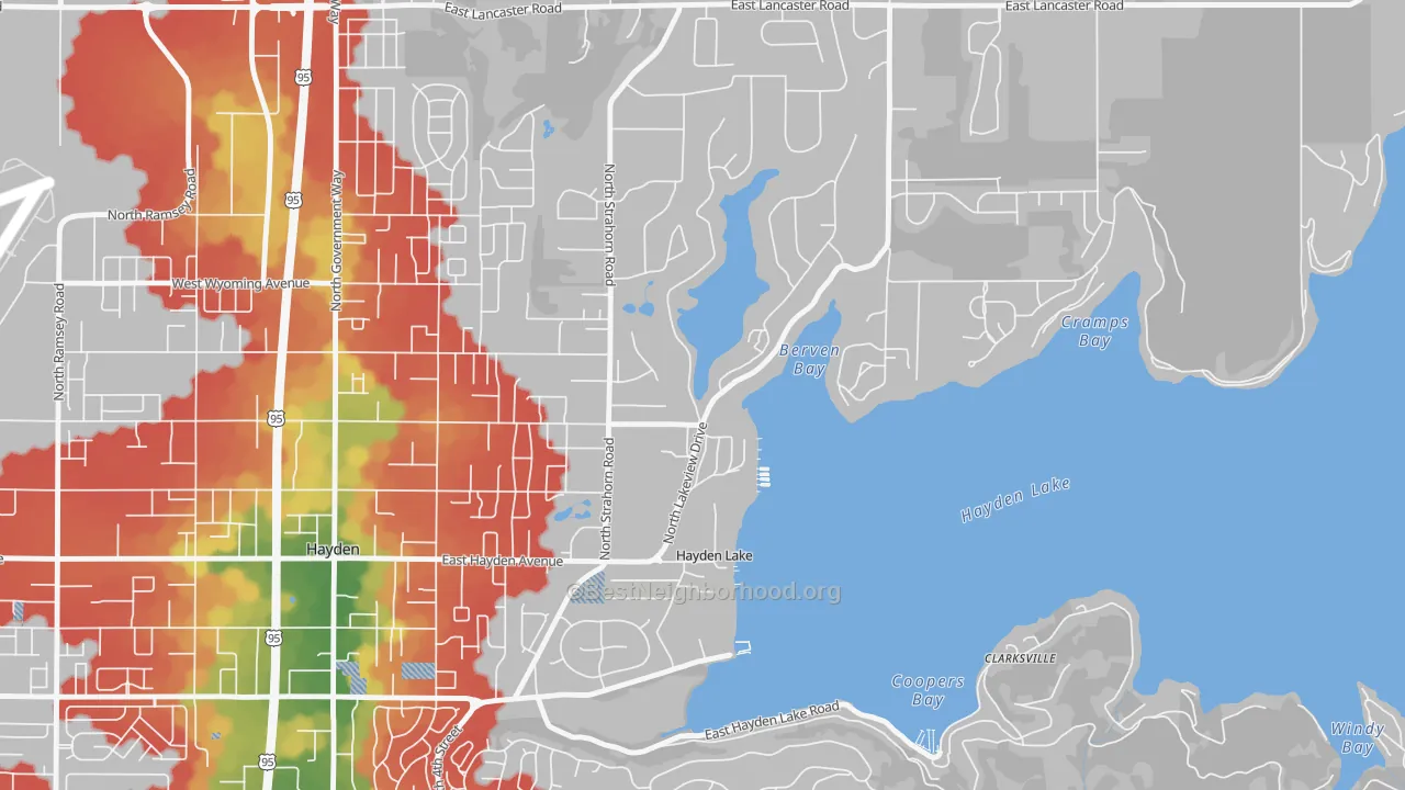 Walk Grade map of Hayden Lake, ID, walkable areas in green and car-dependent areas in red
