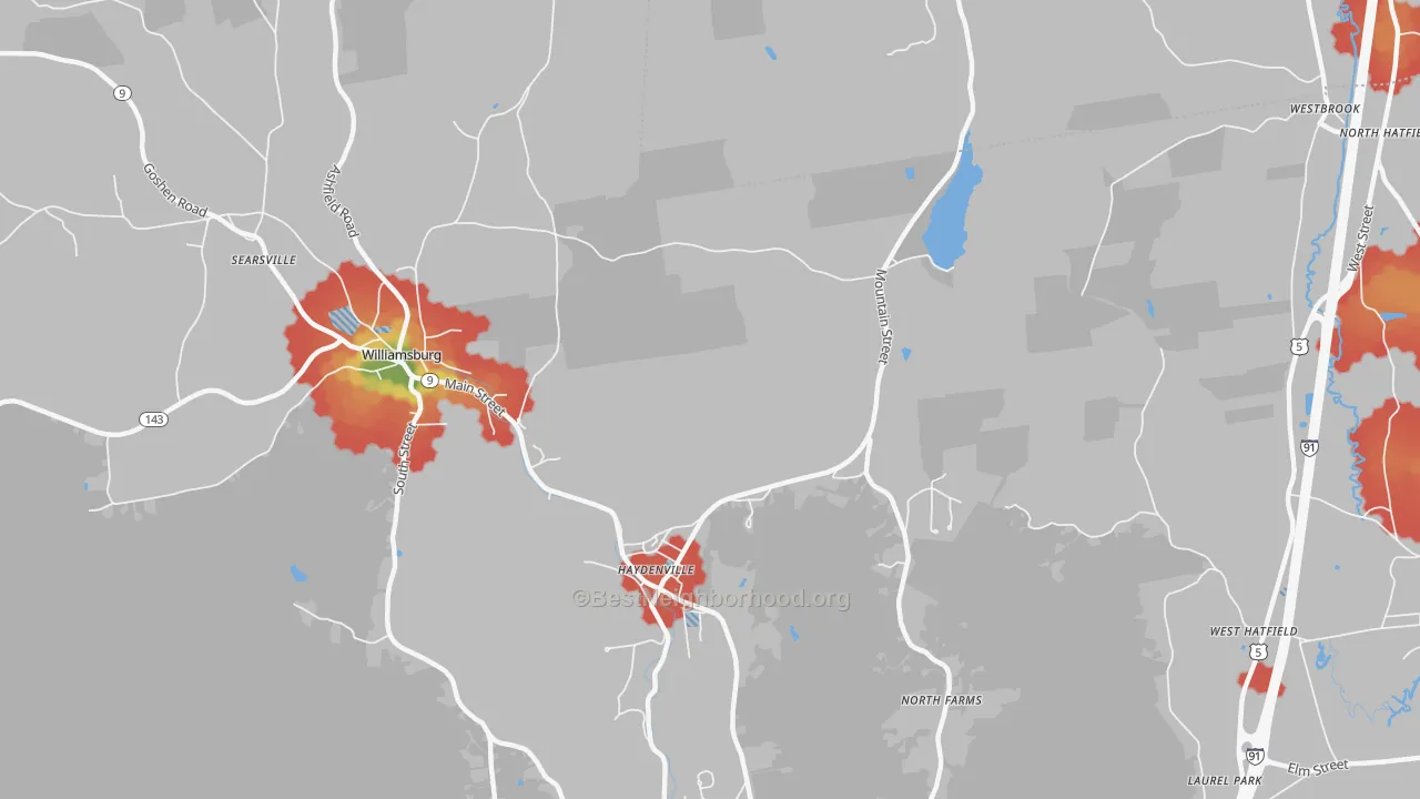Walk Grade map of Haydenville, MA, walkable areas in green and car-dependent areas in red