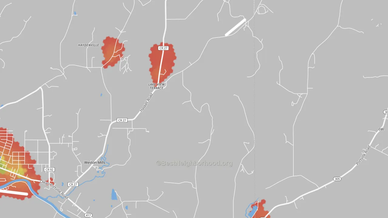 Walk Grade map of Haydenville, NY, walkable areas in green and car-dependent areas in red