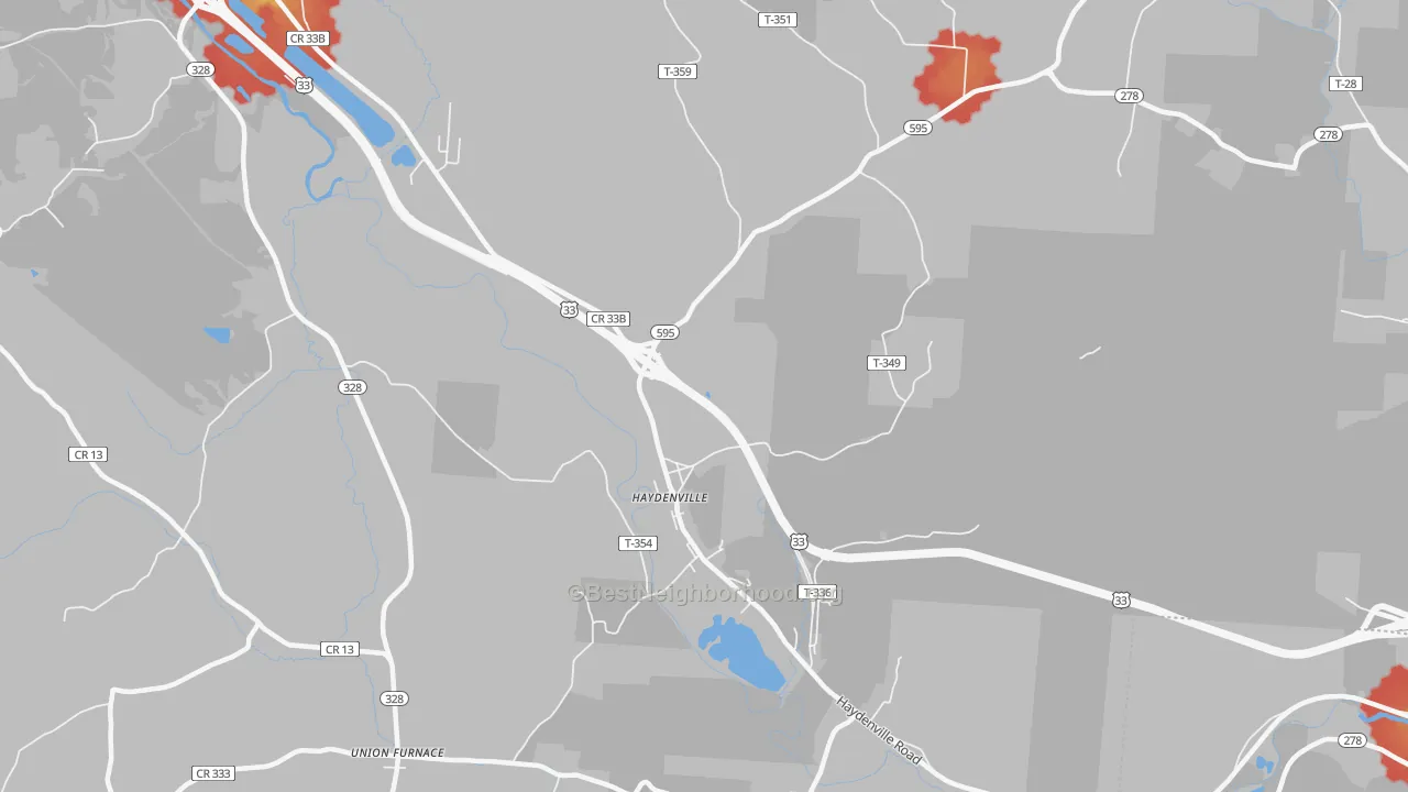 Walk Grade map of Haydenville, OH, walkable areas in green and car-dependent areas in red