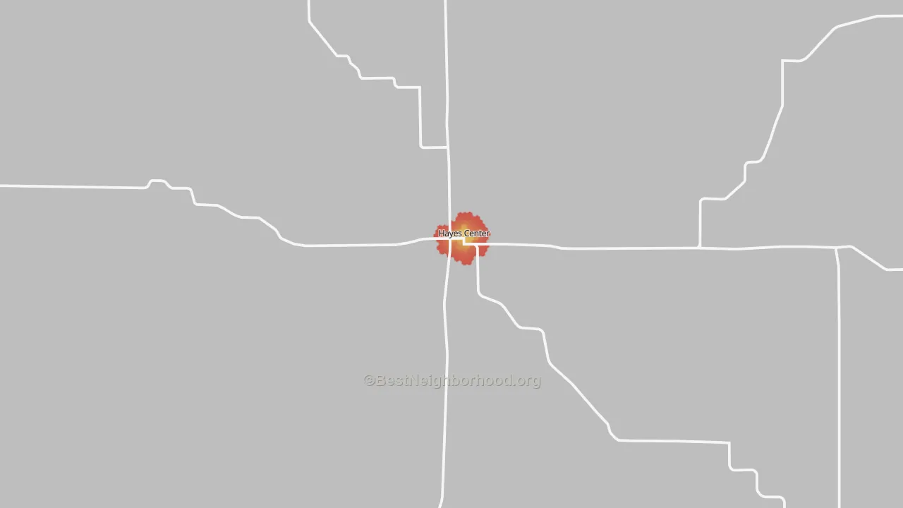 Walk Grade map of Hayes Center, NE, walkable areas in green and car-dependent areas in red