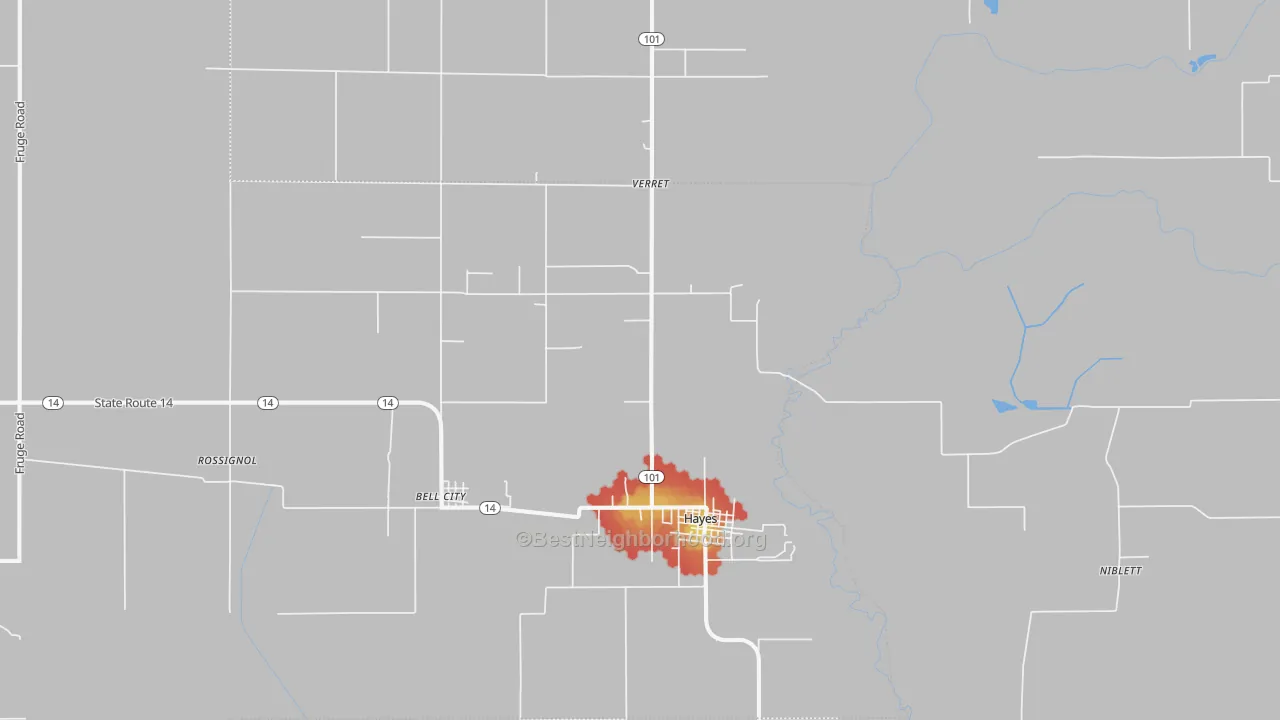 Walk Grade map of Hayes, LA, walkable areas in green and car-dependent areas in red