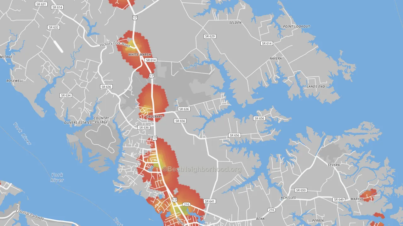 Walk Grade map of Hayes, VA, walkable areas in green and car-dependent areas in red