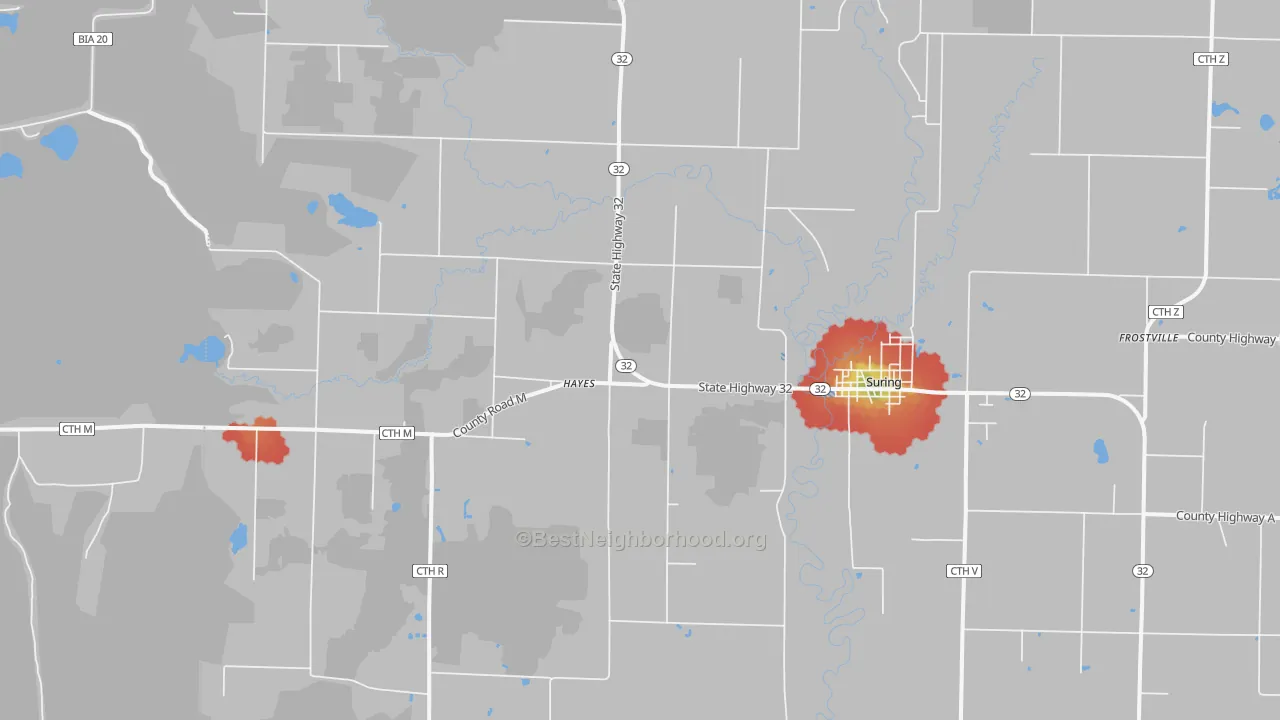 Walk Grade map of Hayes, WI, walkable areas in green and car-dependent areas in red