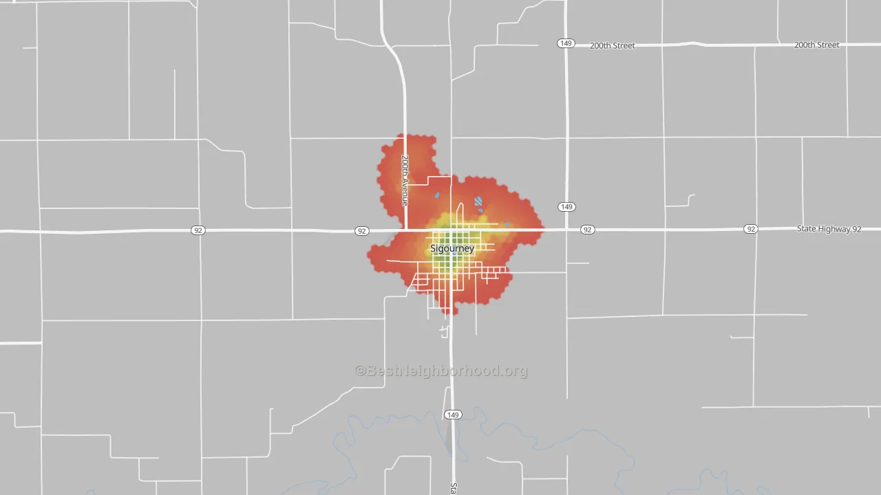 Walk Grade map of Hayesville, IA, walkable areas in green and car-dependent areas in red