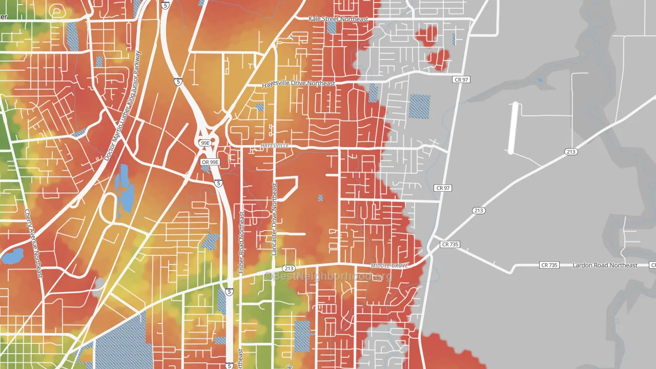 Walk Grade map of Hayesville, OR, walkable areas in green and car-dependent areas in red