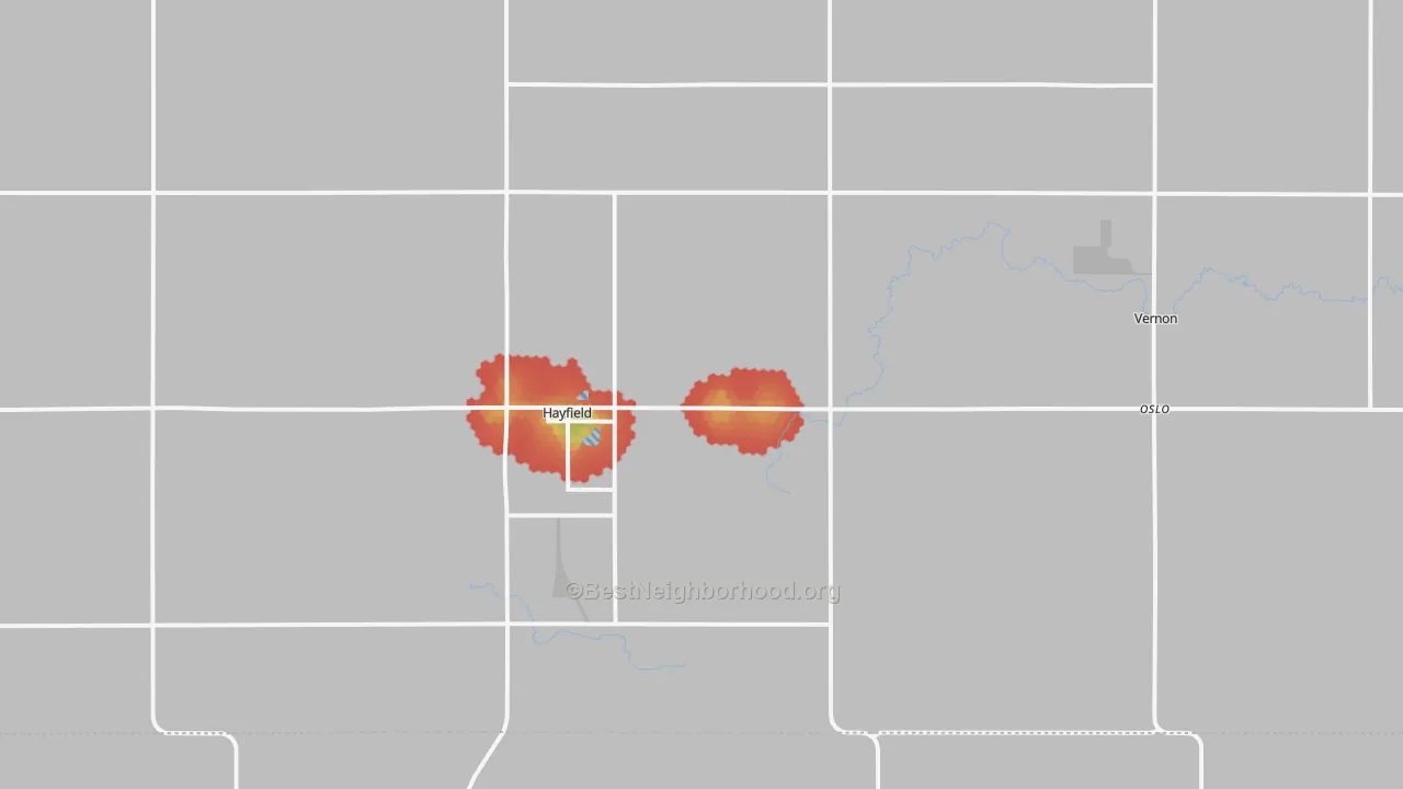 Walk Grade map of Hayfield, MN, walkable areas in green and car-dependent areas in red